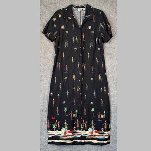 Vintage Linen Dress Size 14 Maxi Button Down Tropical People Cruise Tribal Trees